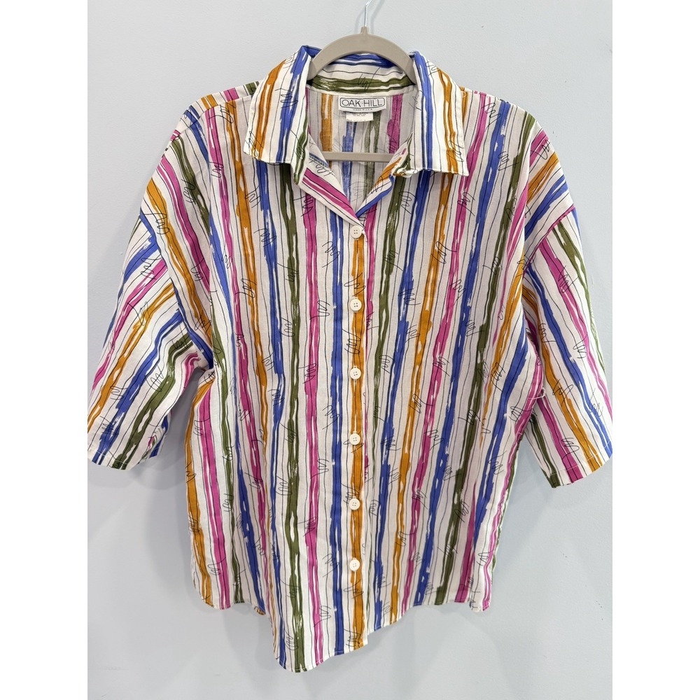 Vintage Oak Hill Striped Button Front Shirt Large Colorful Abstract Print 80s - Picture 4 of 8